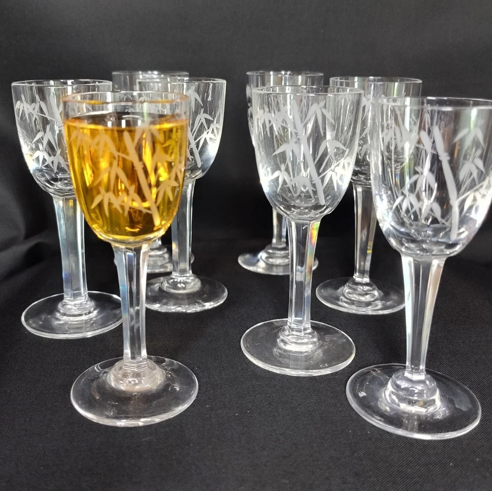 Noritake Sasuke Etched Crystal Bamboo Cordials Glasses, Set Of Eight, Japan